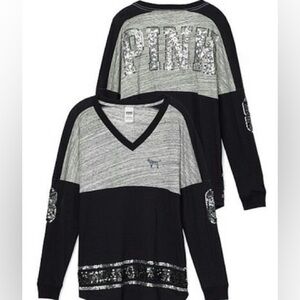 PINK Victoria’s Secret Black Silver Long Sleeve V- Neck With Sequins Size Small